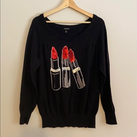 Torrid Black Sequined Lipstick Pullover Sweater Size 0/12 - Picture 2 of 3